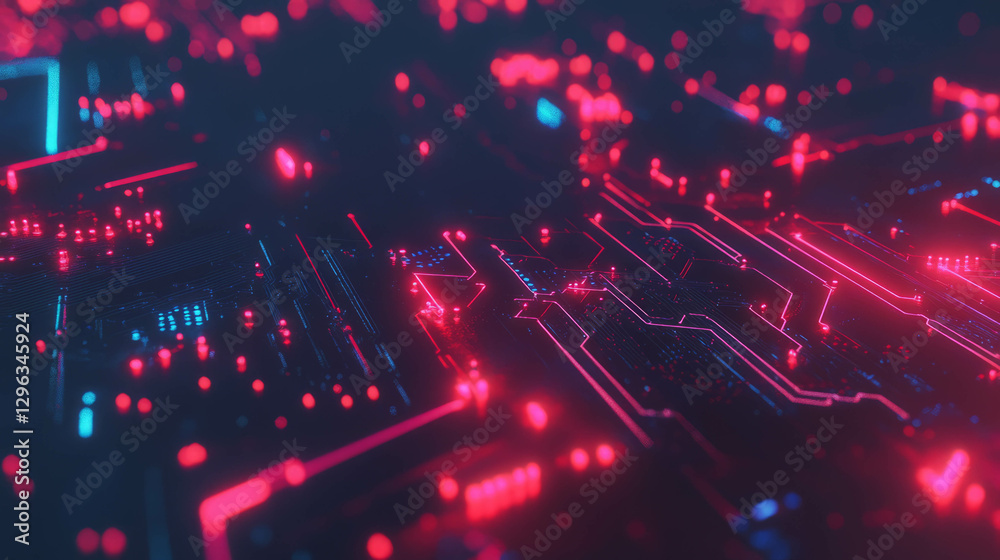 Poster futuristic circuit board with glowing red and blue electronics