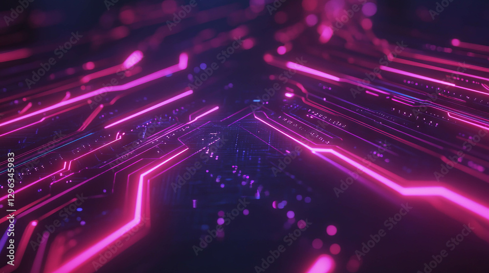 Poster futuristic circuit board pattern with glowing lines in neon colors