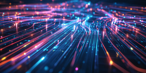 A high-tech abstract background with cascading energy trails weaving through a neon cybernetic network. The glowing light patterns and seamless motion create a visually captivating modern design.