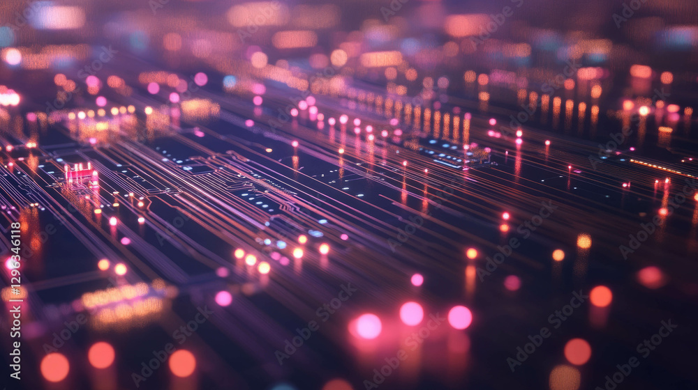 Poster futuristic circuit board with glowing components for technology design