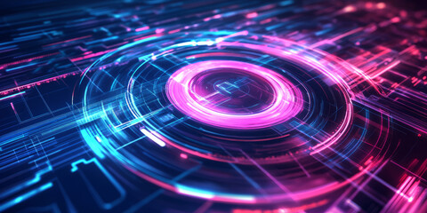 Obraz premium A futuristic 3D background displaying a massive holographic turntable, its glowing neon surface spinning in sync with pulsating sound waves. The abstract energy of music flows through the digital