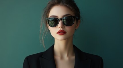 A striking portrait captures a young woman in a sleek black deep v-neck jacket, her gaze intense, framed by dark sunglasses that exude an aura of effortless elegance.