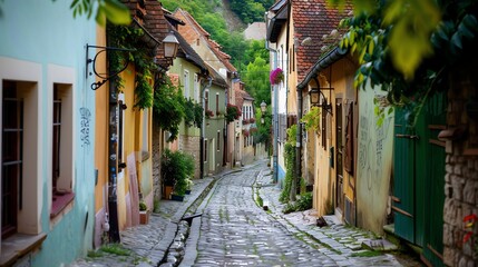 Fototapeta premium A narrow cobblestone street lined with colorful historic buildings in a European town.