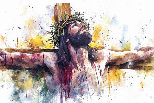 imagen colorida en acuarela del primer plano de Jesucristo en la cruz. Concepto celebraciones religiosas, Semana Santa, Pascua
