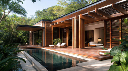 Fototapeta premium Luxury villa with pool and wooden deck surrounded by lush greenery
