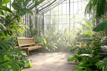 A botanical greenhouse-style 3D background room with large glass walls, lush tropical plants, and soft natural light streaming in. A cozy wooden bench sits among the greenery, creating a tranquil