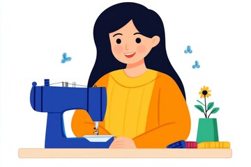 Fototapeta premium a 2D cartoon illustration of a woman sewing clothes at home, focused and creative, white background