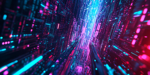 Naklejka premium A high-tech 3D abstract background showcasing a network of glowing data streams, forming intricate cybernetic patterns. The deep reflections and vibrant neon colors add a sci-fi digital depth.