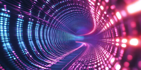 Fototapeta premium A breathtaking 3D music background featuring an infinite tunnel of pulsating neon sound waves, dynamically shifting with rhythm. The high-tech, immersive atmosphere creates a surreal visualization of