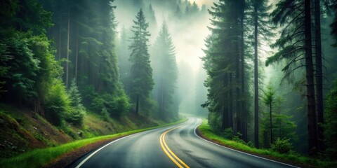 Obraz premium Serene Winding Road Through Misty Evergreen Forest, A Journey Into Nature's Tranquil Embrace