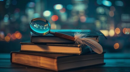 A magnifying glass, feather quill, and a stack of books are arranged on a wooden table in front of a blurred city lights background at night.