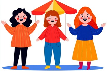 Obraz premium a 2D cartoon illustration of friends having fun at a carnival, colorful and exciting, white background