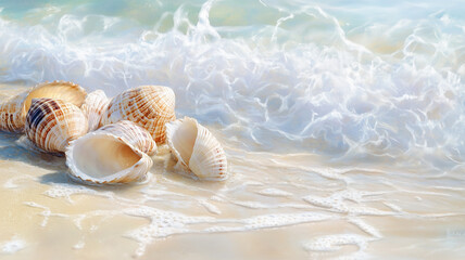 夏の浜辺に打ち寄せる波、貝殻が彩る爽やかな海の風景