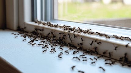 Numerous ants crawling on a window sill.