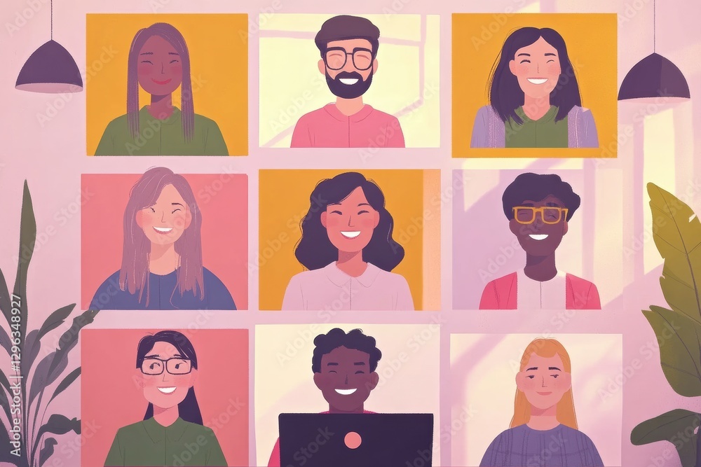 Poster diverse group of individuals engaged in a joyful virtual meeting on a laptop screen indoors. generat