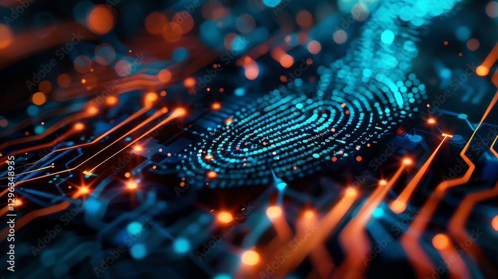 Wall mural a digital rendering of a fingerprint on a glowing circuit board.