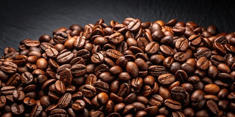 Fototapeta premium Aromatic Roasted Coffee Beans in a Rich Brown Hue, Close-Up View of a Pile of Coffee Beans, Showing Texture and Depth