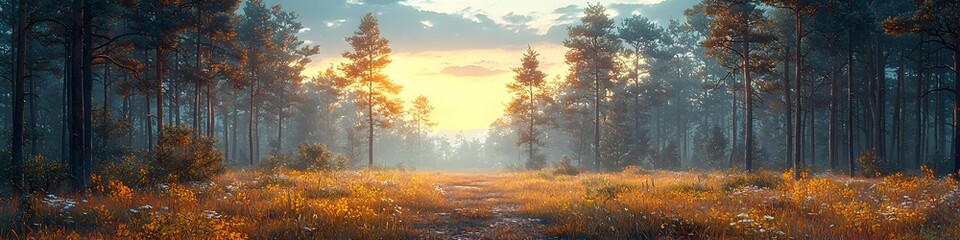 Fototapeta premium A forest with trees and a sun in the sky