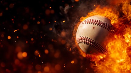 Fiery Baseball Action Shot - A baseball engulfed in flames, sparks flying, dramatic action shot. Perfect for sports, competition, or power themes