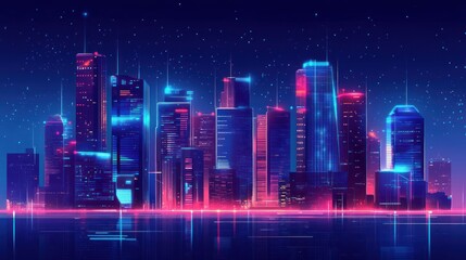 Obraz premium Neon Cityscape at Night Futuristic Skyline Reflection