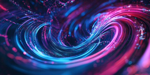 A dynamic 3D abstract background with swirling holographic patterns, softly glowing with radiant neon colors. The futuristic textures and smooth transitions enhance the sci-fi atmosphere.