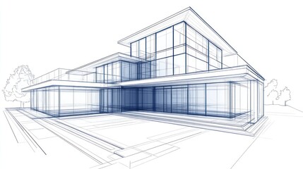 Modern house architectural blueprint; suburban landscape; design concept; real estate