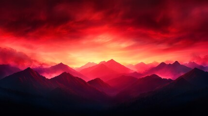 Fiery Mountain Range Sunset - Dramatic sunset over a mountain range, fiery red and orange hues dominate the sky and cast a warm glow on the peaks