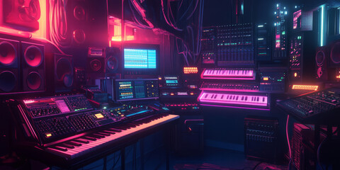 Obraz premium A cyberpunk-inspired 3D background displaying a neon-lit music studio with futuristic synthesizers and holographic sound mixers. The dynamic, high-tech atmosphere captures the essence of digital music