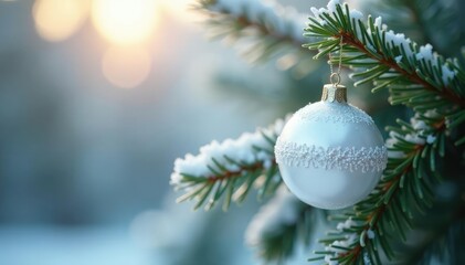 White ornament on fir branch in frosty morning, white, peaceful