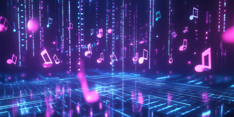 A futuristic 3D background featuring a holographic concert stage with glowing neon musical notes floating around. The stage is surrounded by pulsating sound waves, creating an abstract visualization