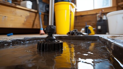 Sump pump in flooded basement with tools and buckets nearby.