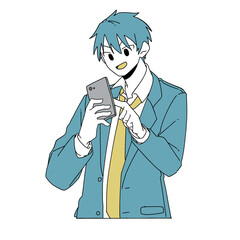 笑顔でスマートフォンを操作している男子高校生