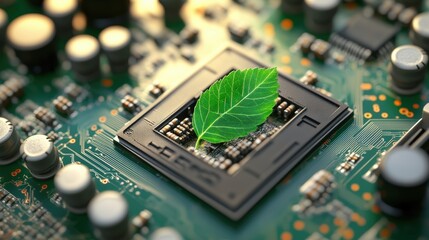 Obraz premium Green leaf resting on a computer chip surrounded by technology and nature elements