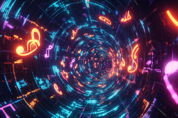 A breathtaking 3D background showcasing a tunnel of glowing neon notes spiraling into infinity. The musical symbols pulse with rhythmic energy, creating an immersive cybernetic experience of digital