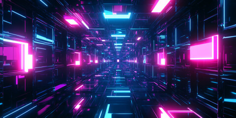 A hypnotic 3D abstract background with an infinite tunnel of glowing neon cubes, seamlessly extending into a futuristic void. The reflective surfaces and deep digital colors create a cyberpunk effect.