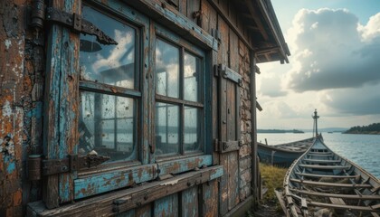 Rustic Wooden Shack by the Sea with Old Weathered Boat and Panoramic View