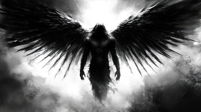 Dark angel with large wings, monochrome artwork. Mysterious and powerful figure.