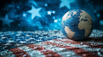 Globe on usa flag symbolizes global trade impact on us economy.