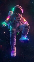 Naklejka premium A vibrant, floating astronaut in space, surrounded by a spectrum of dazzling colors, symbolizing exploration, freedom, and the infinite possibilities of the universe. This concept captures the awe-ins