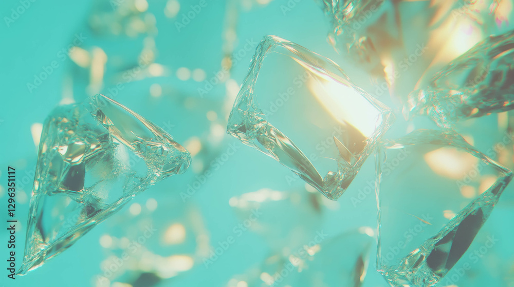 Poster abstract cyan broken glass background with large fragments and light reflections