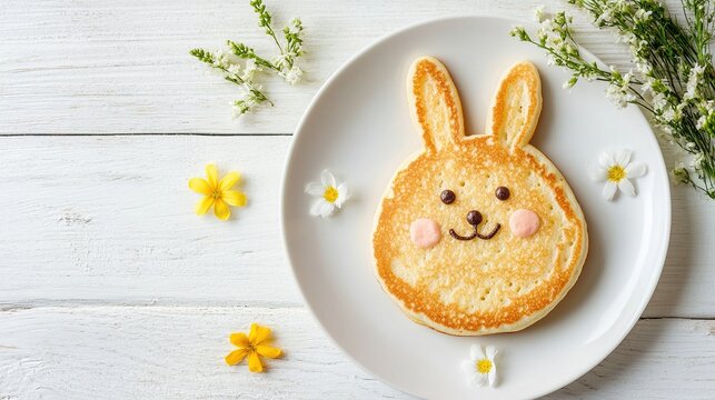Cute Easter bunny shaped pancakes are placed on a white plate against a white wooden table, perfect for holiday spring breakfast or holiday brunch, capturing the essence of Easter celebrations.
