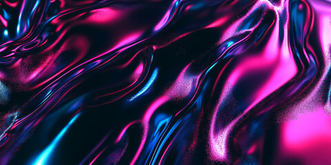Obraz premium A futuristic 3D abstract background with fluid metallic surfaces reflecting vibrant neon gradients. The seamless motion, glowing edges, and digital-inspired patterns add a high-tech cyberpunk feel.