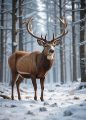 Obraz premium Wild deer with large antlers standing in a snowy forest, winter, magnificent