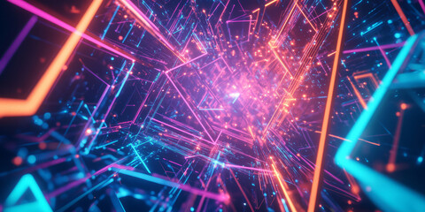 A futuristic 3D abstract background with interconnected glowing neon triangles, forming an intricate high-tech lattice. The deep reflections and vibrant digital hues enhance the cyberpunk appeal.