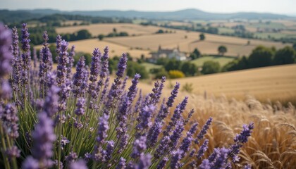 Obraz premium Vibrant Lavender Field in Summer Landscape with Golden Wheat and Distant Village