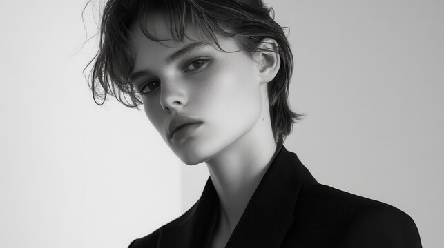 A sleek, androgynous editorial fashion model, clad in designer attire, exuded an aura of confidence and effortless cool, capturing the essence of high-end style.
