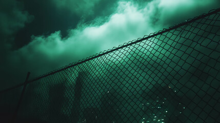 Eerie night sky with chain link fence silhouette