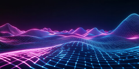 A futuristic 3D background featuring an enormous neon waveform stretching across an infinite digital landscape. Pulsating with deep bass rhythms, the glowing waves create an abstract visualization of