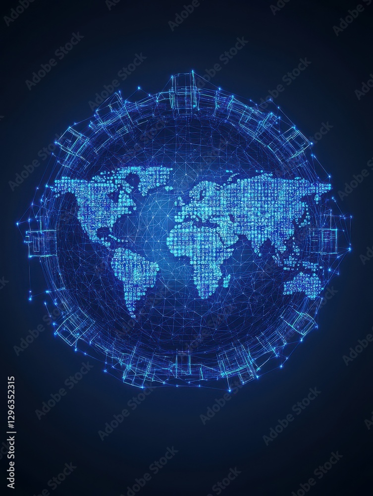 Poster blockchain technology futuristic hud background with world globe and blockchain polygon peer to peer