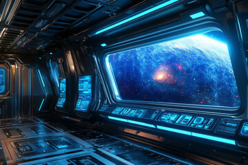 Obraz premium A deep-space research lab 3D background room with glowing blue interfaces, metallic walls with embedded control panels, and a large observation window revealing a distant galaxy. The cold, sterile